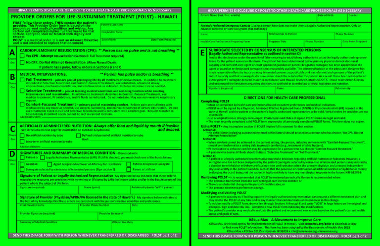 Improved Hawaii POLST Form 2023 - Kokua Mau