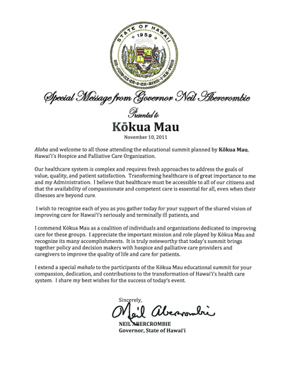 Special message from Governor Abercrombie to the Kokua Mau Educational Summit